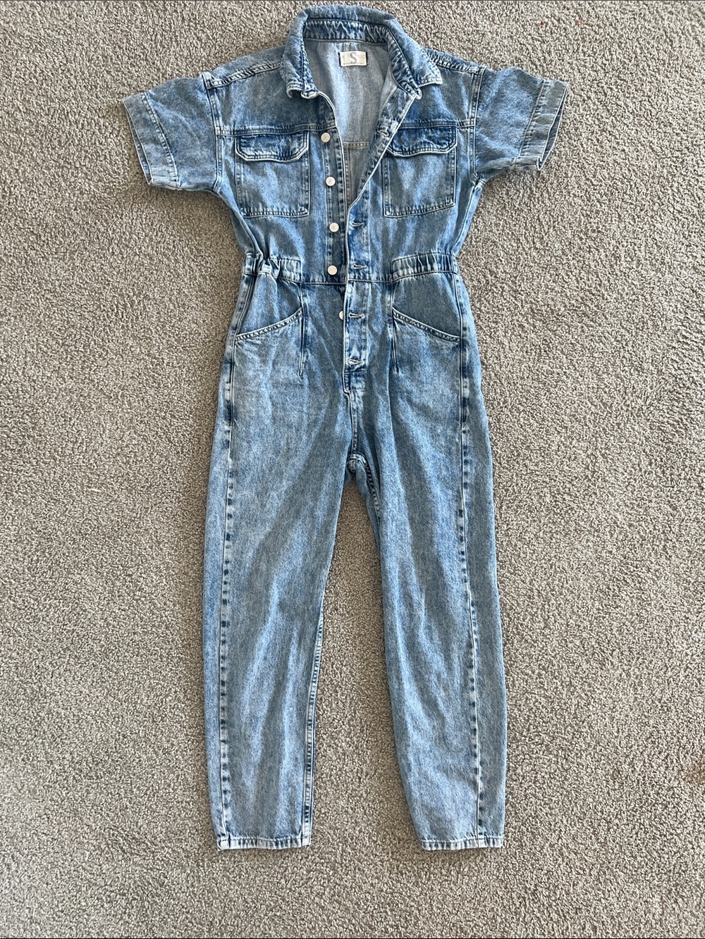 Free People Denim Short-Sleeve Kids One-Piece Jumpsuit - Light Blue